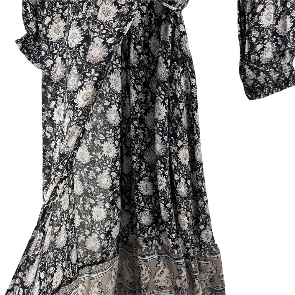 Lucky Brand Black & Beige Paisley Floral Border Print Wrap Dress Size Large - Picture 6 of 9